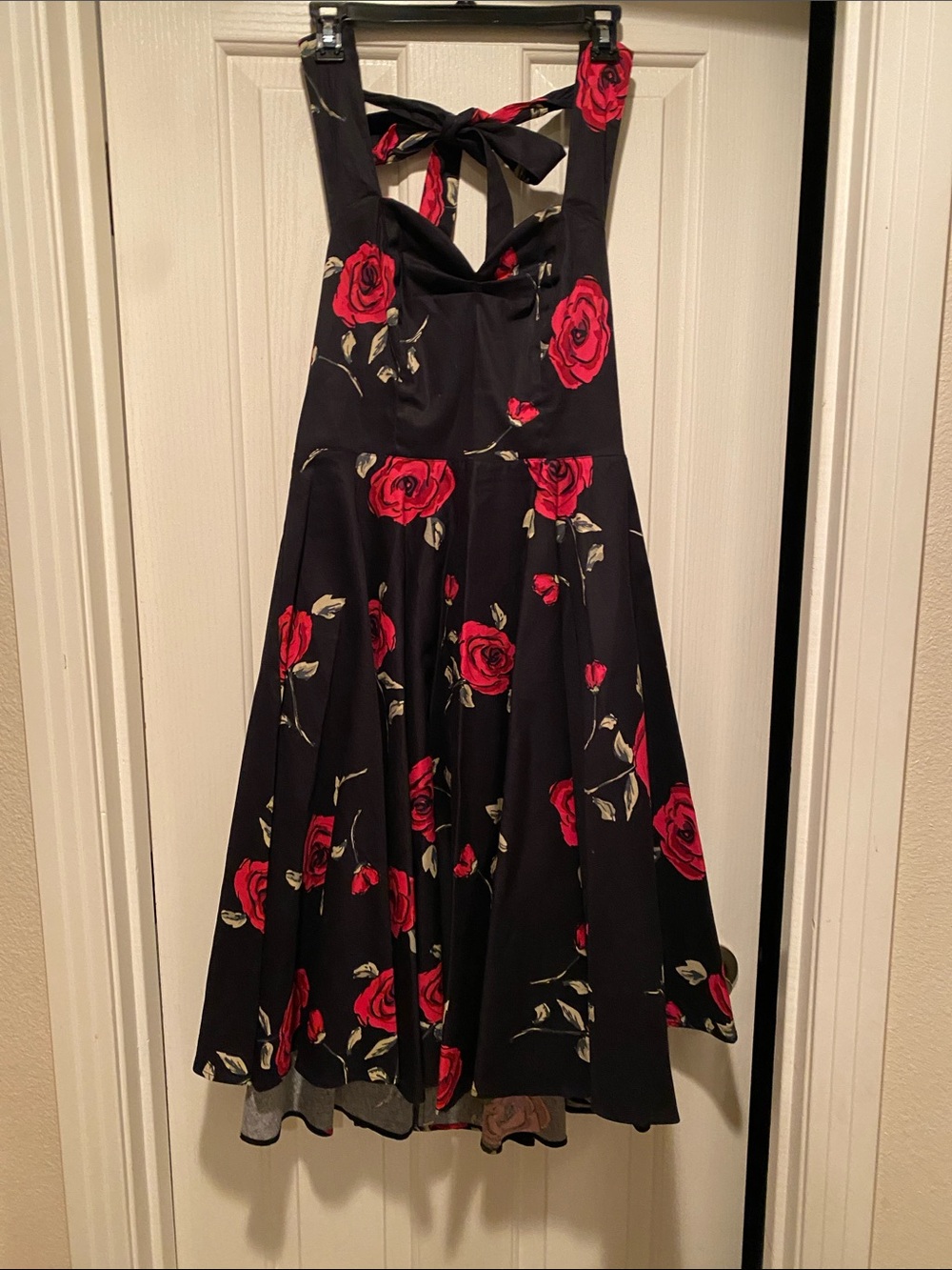Black Retro Halter Dress with Red Roses